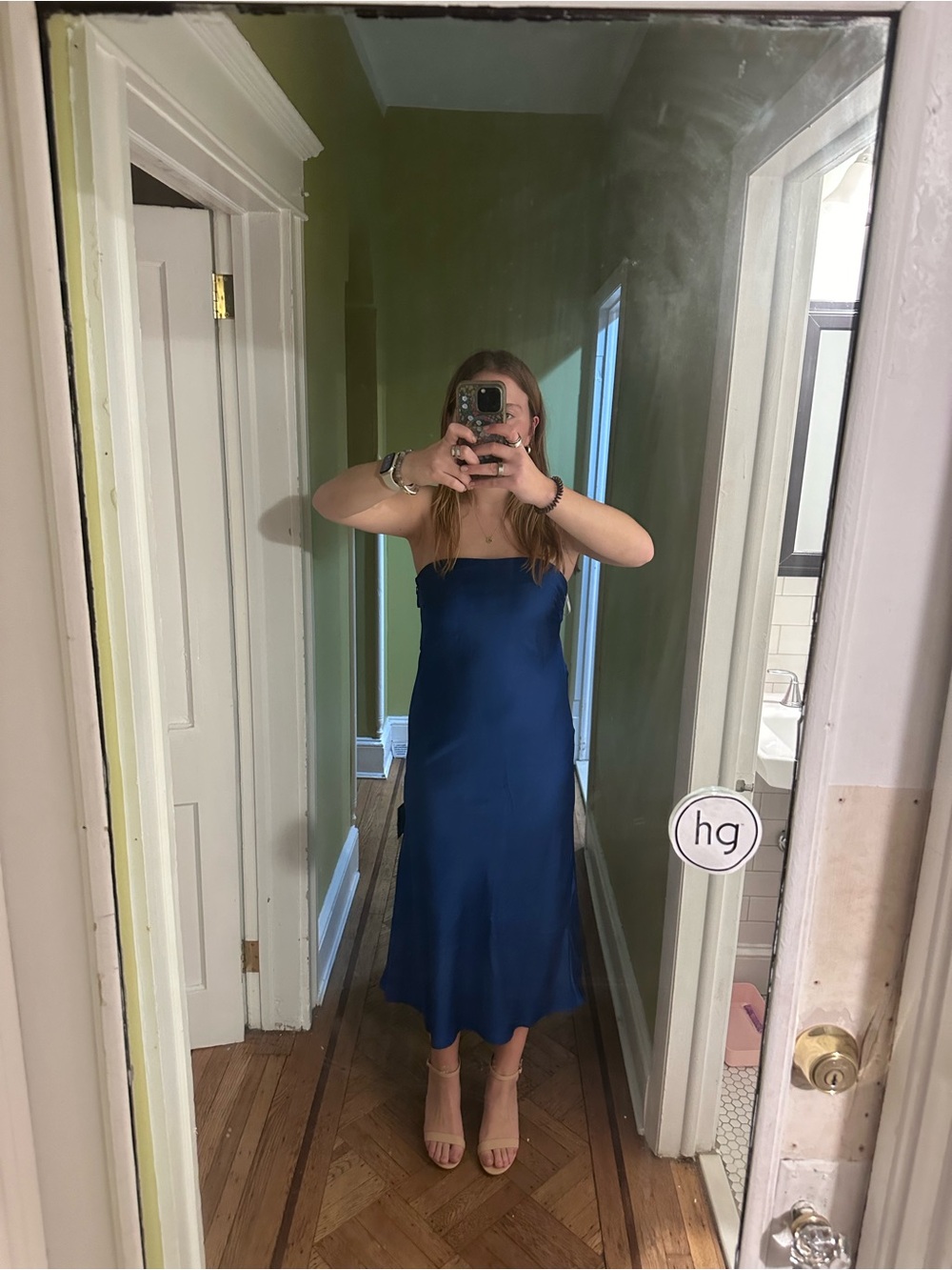 Royal Blue Satin Strapless Midi Dress - Size S